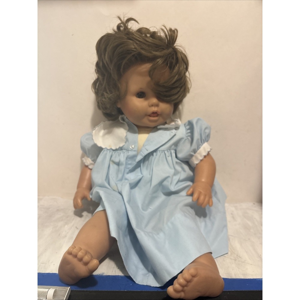 Vintage Max Zapf Creation West Germany Soft Body Doll Brown Eyes Blue Dress